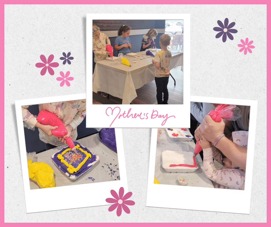 Different cakes decorated by kids for Mother's Day.