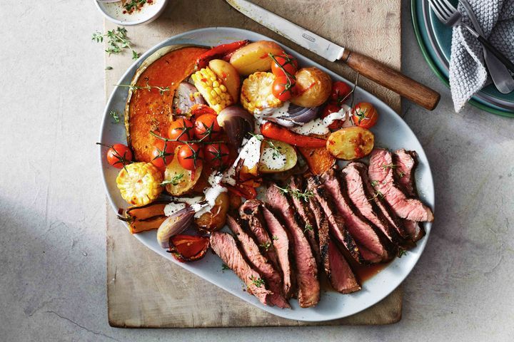 Lean flank steak with mixed vegetables. Image Source: Nigel Lough