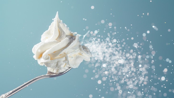 Some whipped topping on a spoon that is dusting sugar crystals. Image Source: Stock Cake