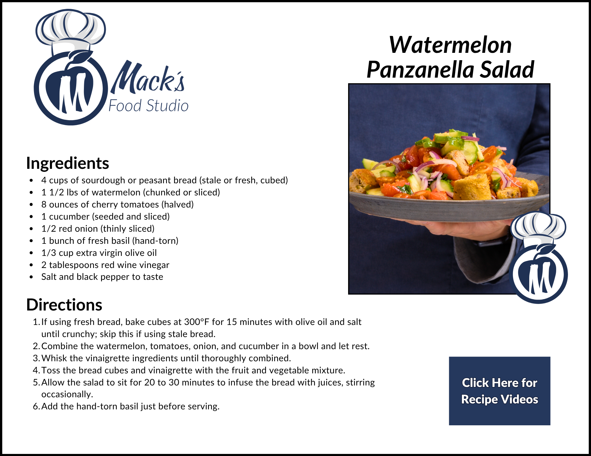 Finished Watermelon Panzanella Salad shown in a bowl with watermelon, cucumber, tomatoes, onions, and bread croutons; recipe title above.