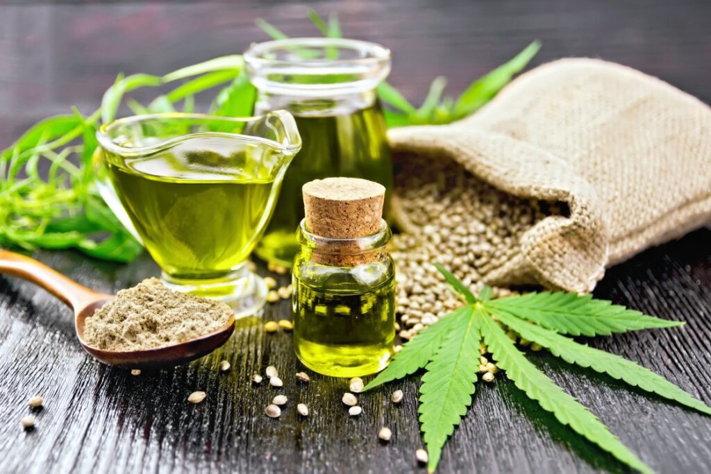 Hemp-derived products— hemp oil, hemp powder, and hemp hearts. Image source: Alabama Extension Services.
