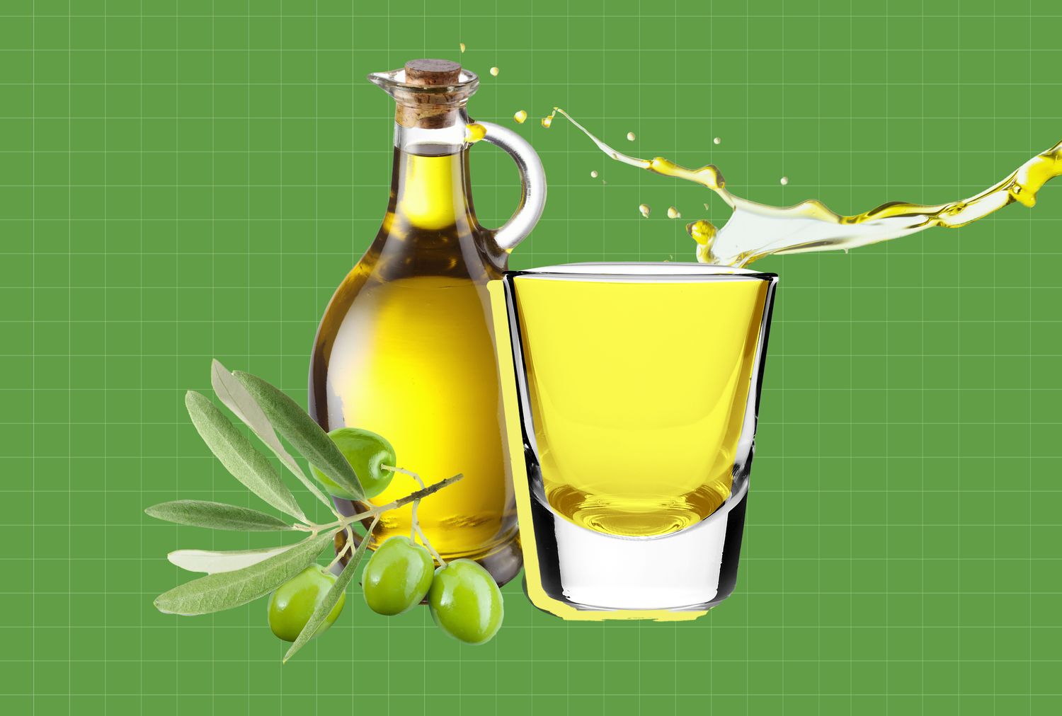 Image Source Getty Images  EatingWell Design Glass of olive oil and a cup with olive oil